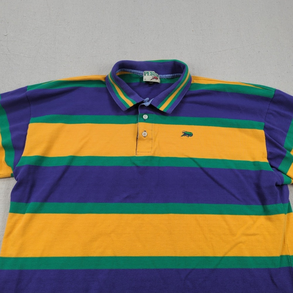 Perlis Shirt Mens 2XL Purple Yellow Mardi Gras Striped Crawfish VTG Made in USA